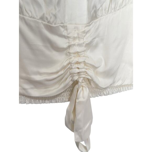 NWT Anthropologie Sz M White Silky Tie Waist Cropped Blouse Smocked French Cuff - Picture 7 of 10